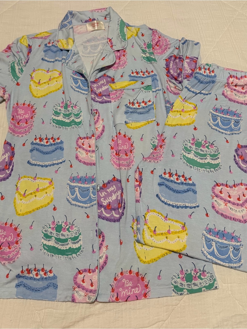 Light Blue Valentine/Cake Print Pajama Set - Women's Cozy Sleepwear